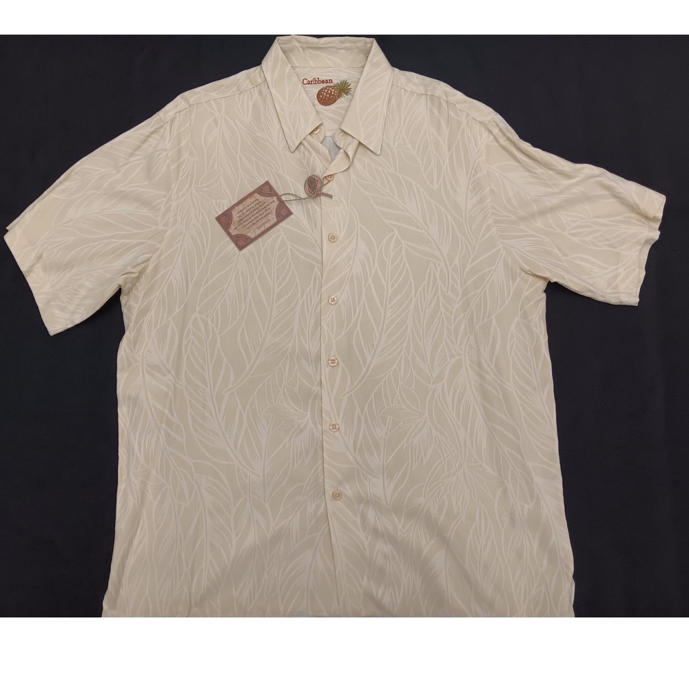 Caribbean Roundtree & Yorke Mens Cream Palm Leaf Jacquard Button Down Shirt NWT